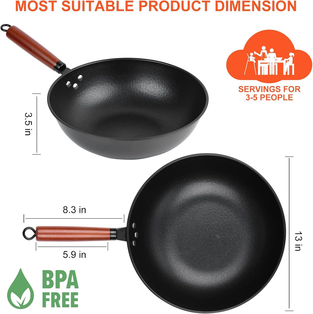 Wok, 13" Carbon Steel Woks & Stir-Fry Pans Nonstick with Glass Lid