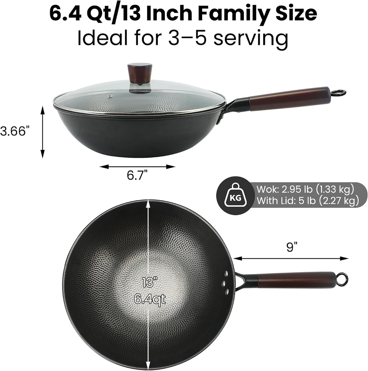 13 Inch Carbon Steel Wok with Lid, Large Flat Bottom Woks & Stir-Fry Pan