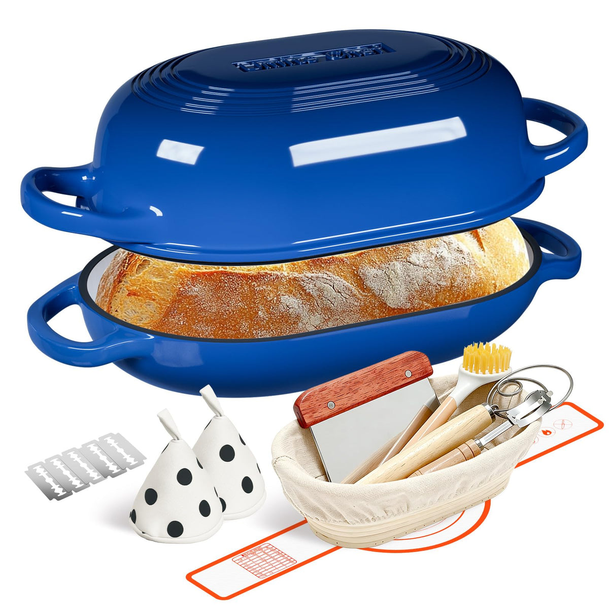 Enameled Cast Iron Dutch Oven for Bread Baking - incl. Sourdough Bread-Baking Supplies like Banneton Bread-Proofing Basket - 5QT Loaf Cast Iron Bread Oven Pan& Meatloaf Pan with Lid, Sour Sough Tools, Lame (Cream White）