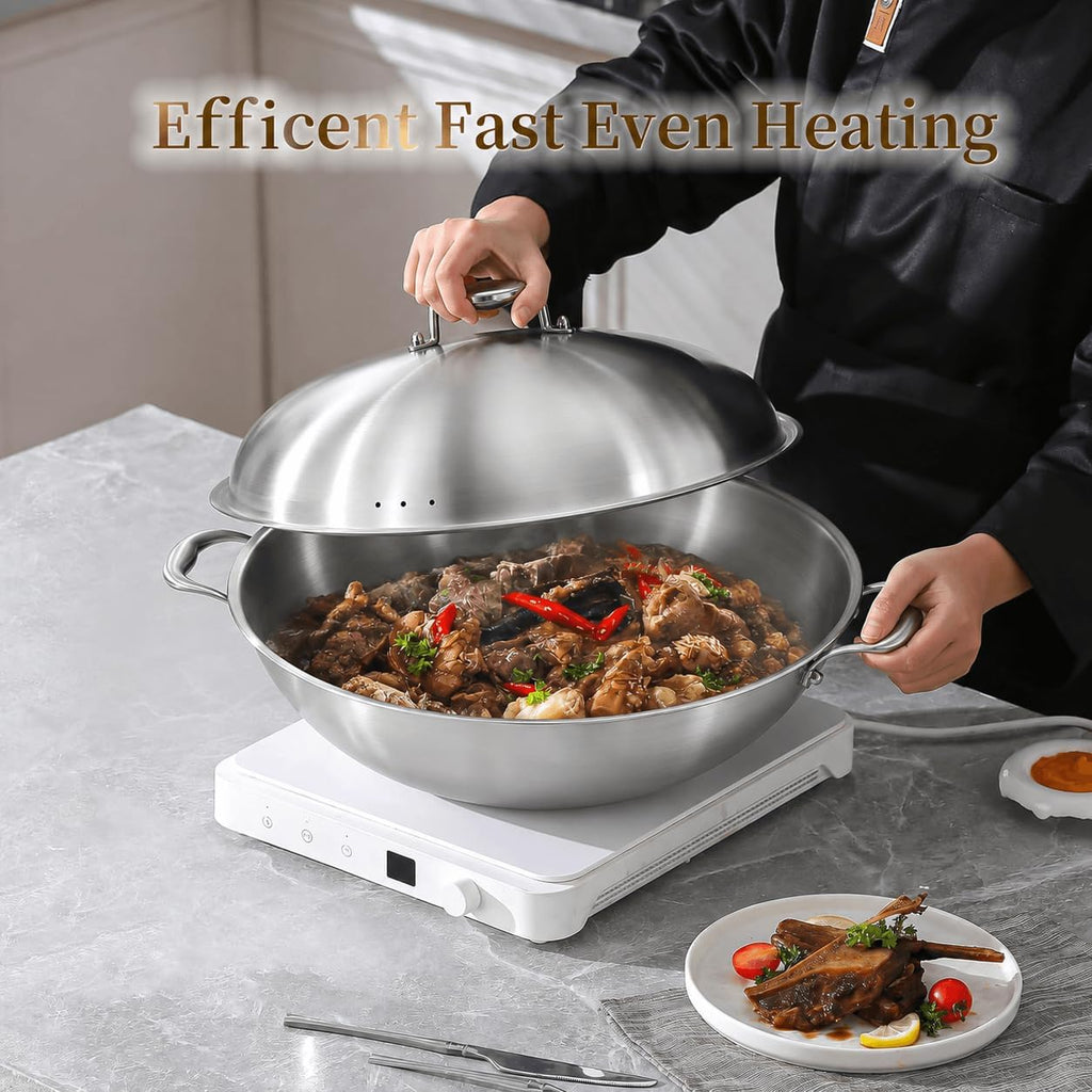 DELARLO Tri-Ply Stainless Steel Wok Pan with Steel Lid 16inch, Healthy Non-Toxic Flat Bottom Induction Wok, Stir Fry Pan for Glass Top Stove Up to 600℉