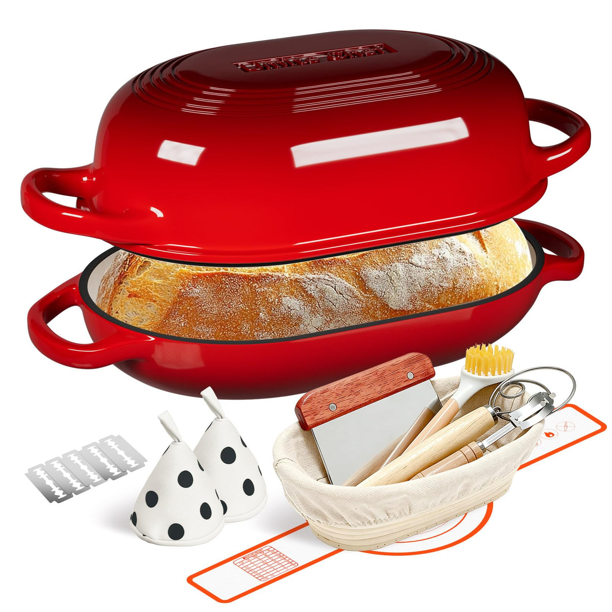 Enameled Cast Iron Dutch Oven for Bread Baking - incl. Sourdough Bread-Baking Supplies like Banneton Bread-Proofing Basket - 5QT Loaf Cast Iron Bread Oven Pan& Meatloaf Pan with Lid, Sour Sough Tools, Lame (Cream White）