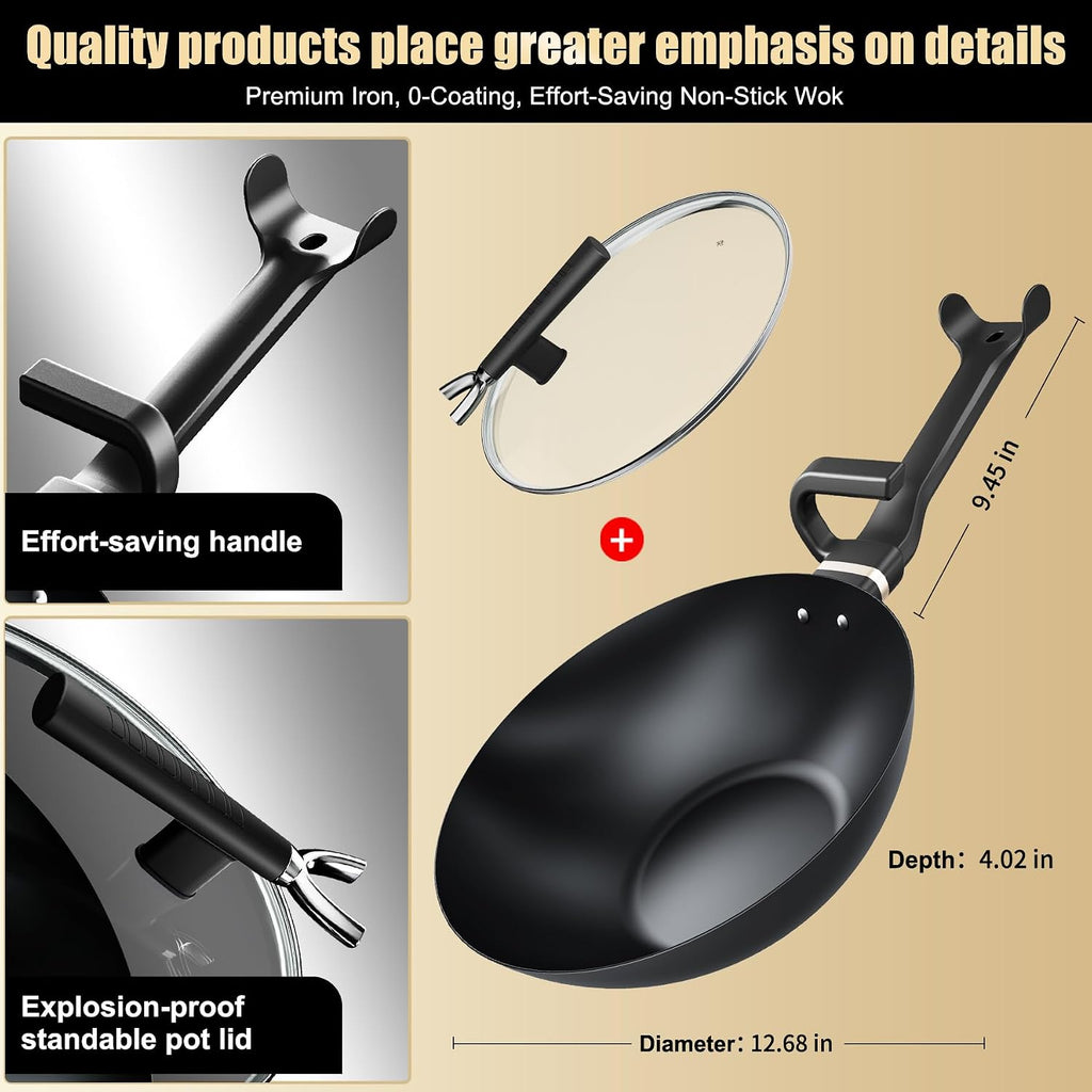 Carbon Steel Wok Pan, Non-stick sauté pan Nitriding Process,13 Inch Woks & Stir-fry Pans Nonstick with Ergonomic Handle, Cookware, Pots and Pans,Versatile Bottom Chinese Woks for All Stoves
