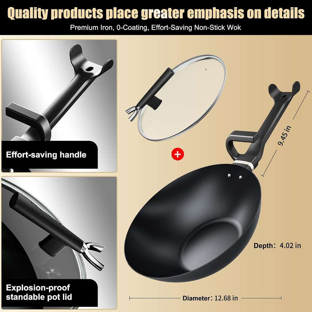 Carbon Steel Wok Pan, Non-stick sauté pan Nitriding Process,13 Inch Woks & Stir-fry Pans Nonstick with Ergonomic Handle, Cookware, Pots and Pans,Versatile Bottom Chinese Woks for All Stoves