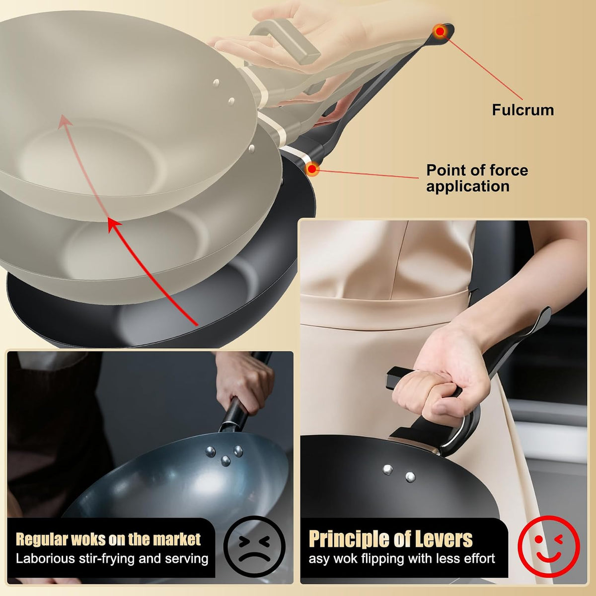 Carbon Steel Wok Pan, Non-stick sauté pan Nitriding Process,13 Inch Woks & Stir-fry Pans Nonstick with Ergonomic Handle, Cookware, Pots and Pans,Versatile Bottom Chinese Woks for All Stoves