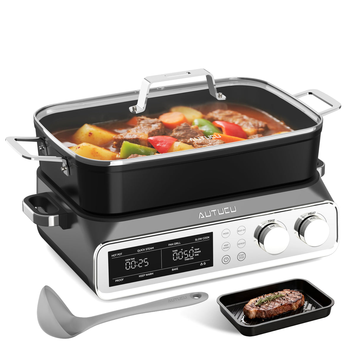 Slow Cooker 10-Quart - PFOA-Free Ceramic Coating, Oven Safe to 450°F | Keep Warm Function for Large Family Gatherings (Includes Silicone Spoon)