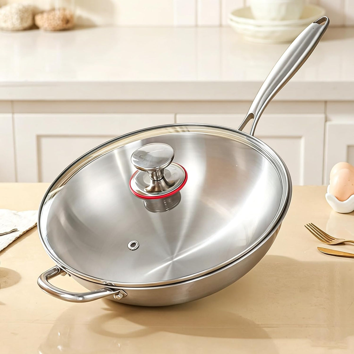 Stainless Steel 316 Wok Pan with Lid, Tri-Ply Stir Fry Pan with Detachable Handle, Works on All Stovetops, Oven & Dishwasher Safe (12.5 inch)