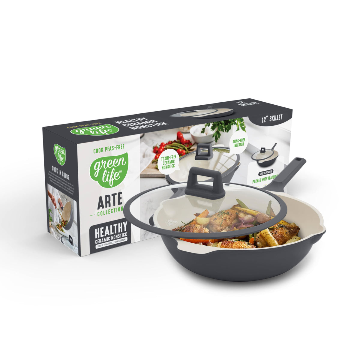 GreenLife Nonstick 12” (5QT) All in One Deep Skillet Wok with Lid, PFAS-Free Non-Toxic Ceramic Multi-Purpose Pan, Induction, All Stovetop, Egg, Stir Fry, Saute, Stay Cool Handle, Granite Black