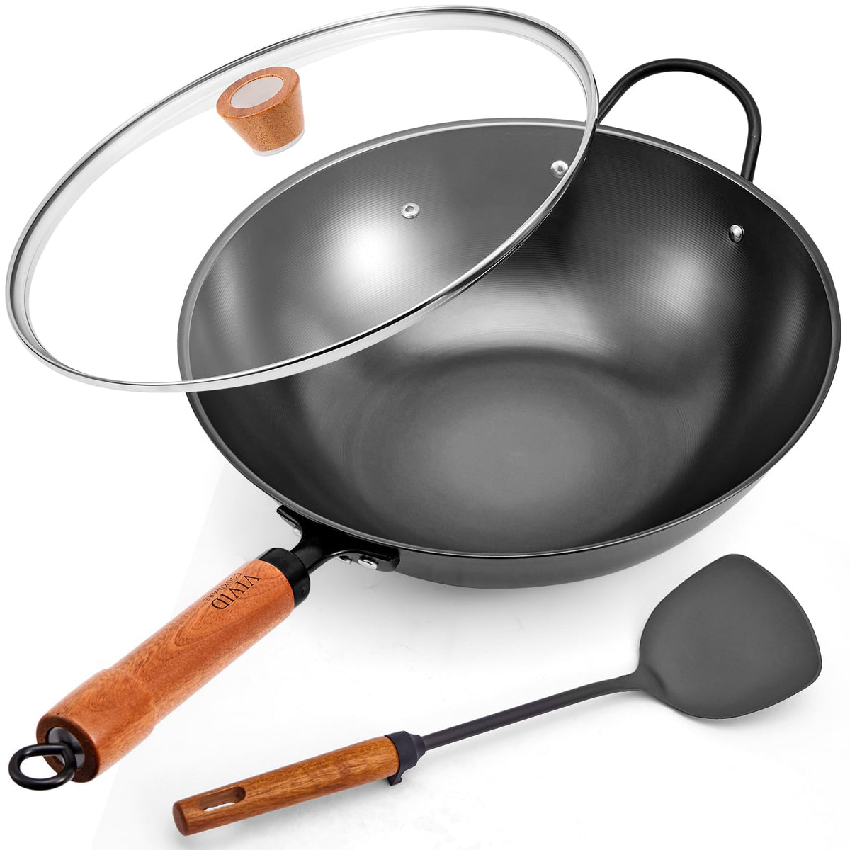 12.6 Inch Carbon Steel Wok with Lid, Flat Bottom Induction Wok Pan, Non-Coated Stir Fry Wok Skillet with Helper Handle, Gas Electric Ceramic Halogen Compatible, Includes Iron Wok Spatula