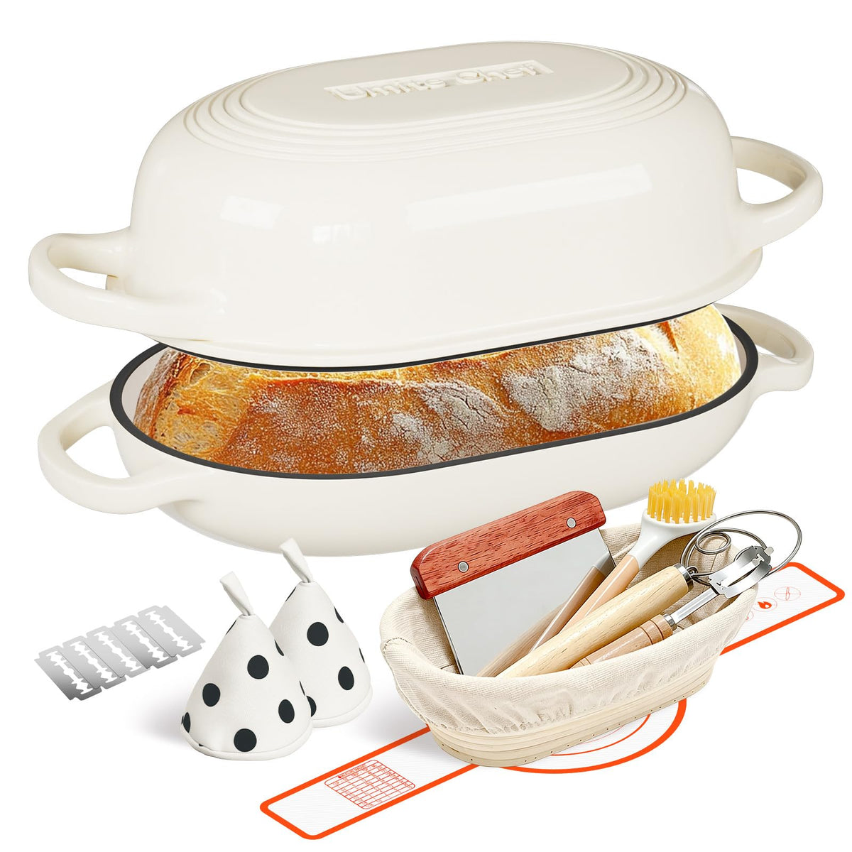 Enameled Cast Iron Dutch Oven for Bread Baking - incl. Sourdough Bread-Baking Supplies like Banneton Bread-Proofing Basket - 5QT Loaf Cast Iron Bread Oven Pan& Meatloaf Pan with Lid, Sour Sough Tools, Lame (Cream White）