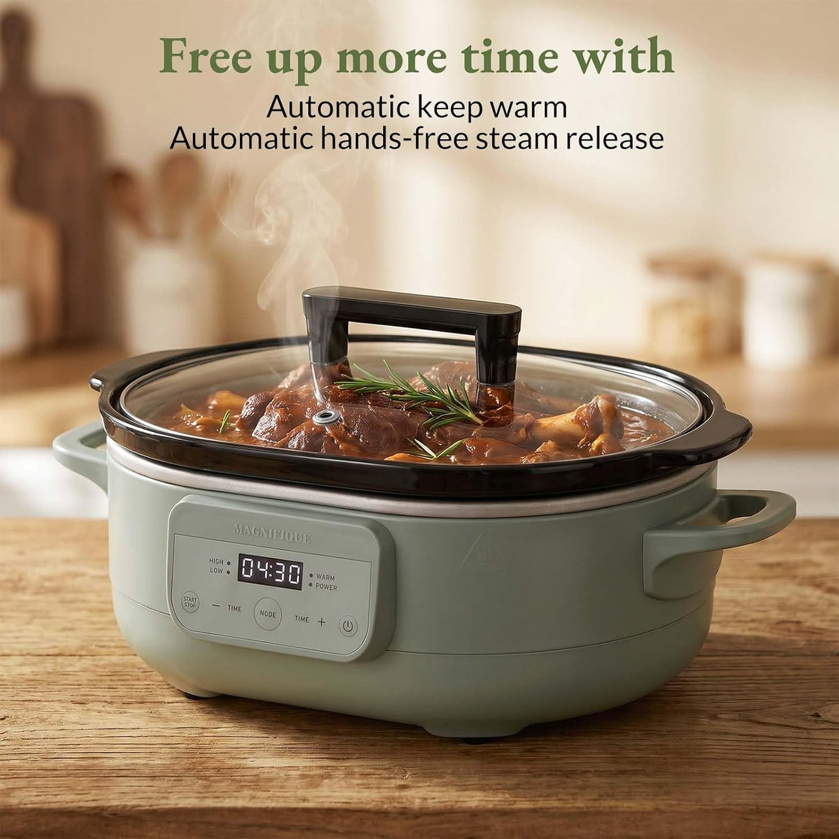MAGNIFIQUE 6 Quart Programmable Slow Cooker Removable Healthy Nonstick Pot - Small Kitchen Appliance for Family Dinners - Serves 6+ People - Heat Settings: Keep Warm Olive