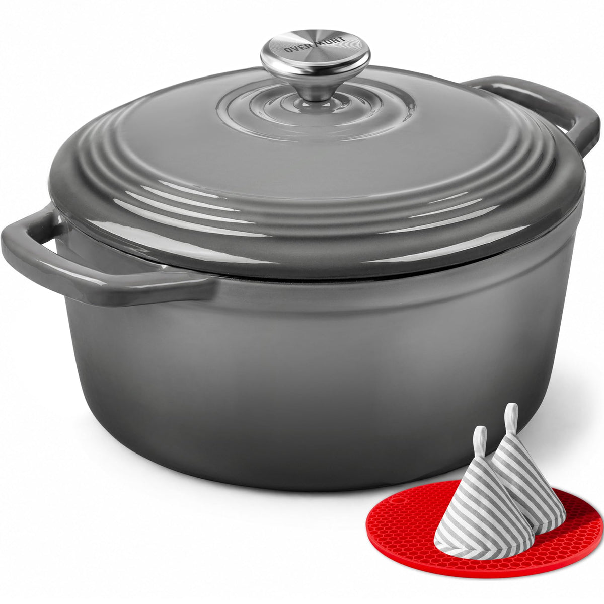 Overmont Enameled Cast Iron Dutch Oven - 7QT Pot with Lid Cookbook & Cotton Potholders - Heavy-Duty Cookware for Braising, Stews, Roasting, Sourdough Baking Cream White