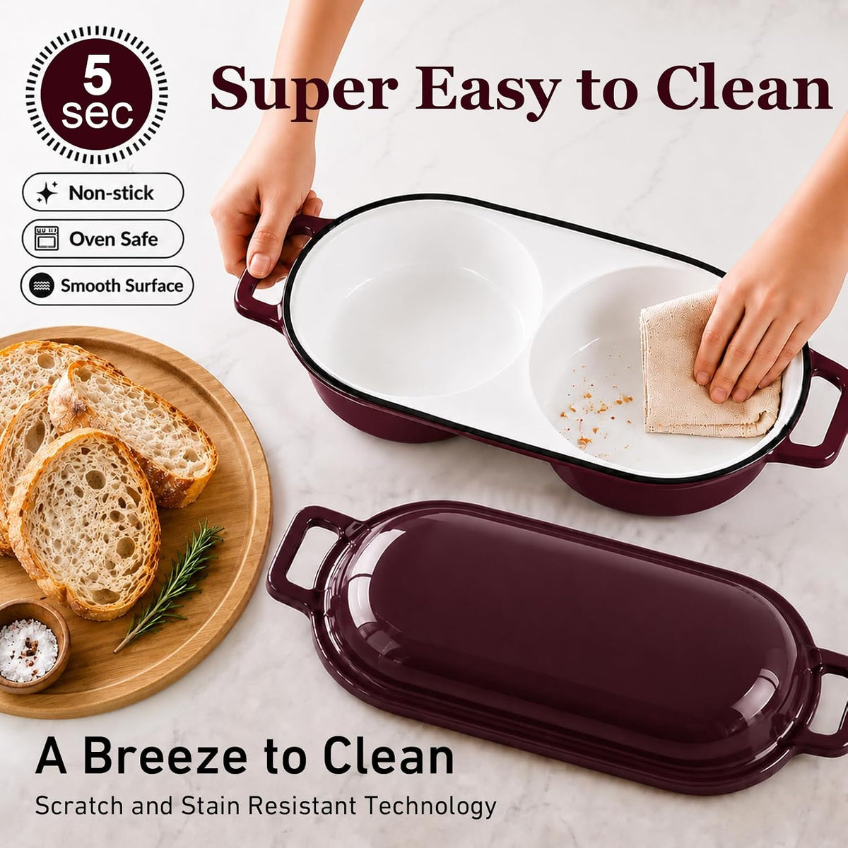 HUILIPU Mini Double Dutch Oven for Sourdough Bread Baking, 2.2QT - Burgundy
