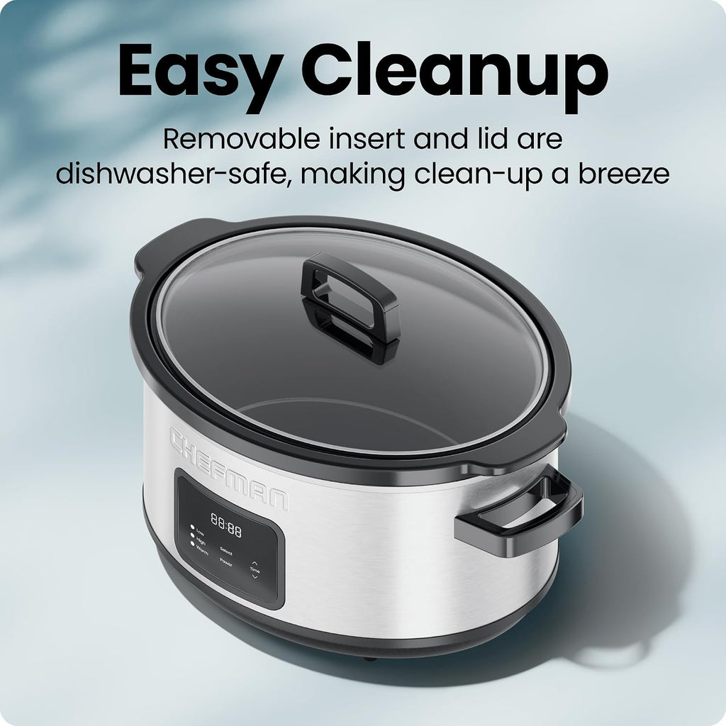 Chefman Slow Cooker 7 Quart, Large Family Size Programmable Digital Slow Cooker with 24-Hour Timer, Low, High & Warm Settings, Ceramic Crock, Tempered Glass Lid, Dishwasher-Safe, Stainless Steel