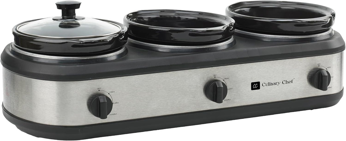 CULINARY CHEF, Triple Slow Cooker, Buffet Server 2.5qt x 3 Pot, Food Warmer – Stainless