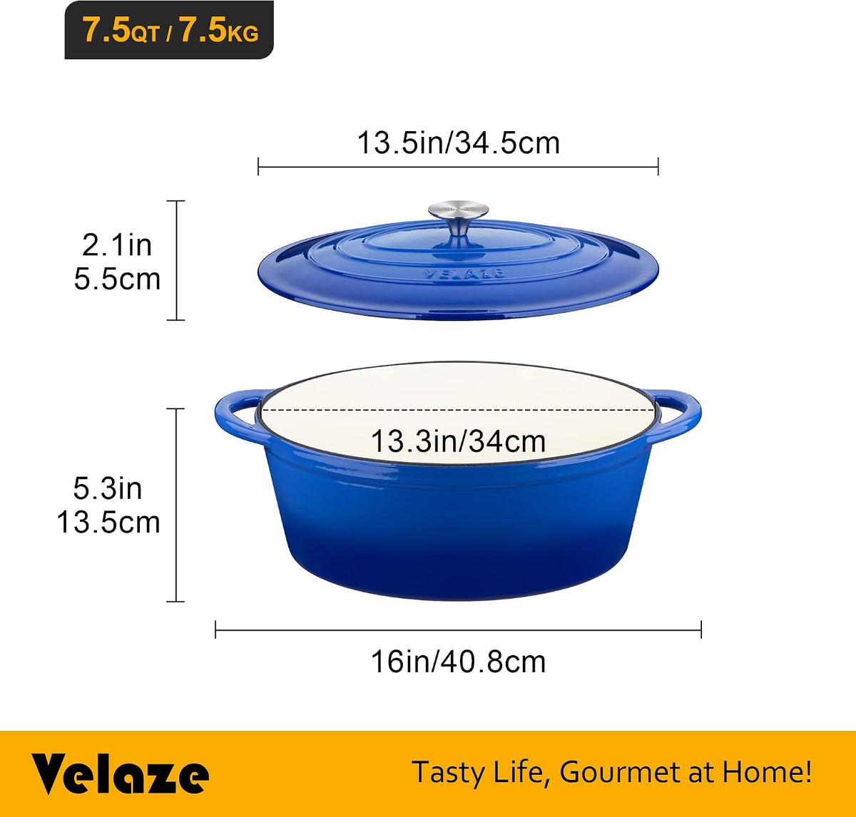 Velaze 7.5 QT Oval Enameled Cast Iron Dutch Oven Pot with Lid,Blue