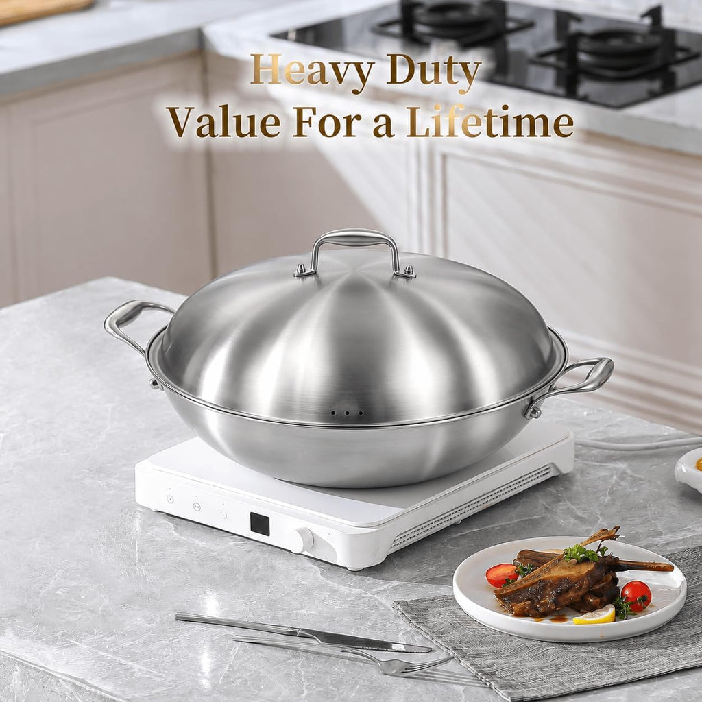 DELARLO Tri-Ply Stainless Steel Wok Pan with Steel Lid 16inch, Healthy Non-Toxic Flat Bottom Induction Wok, Stir Fry Pan for Glass Top Stove Up to 600℉