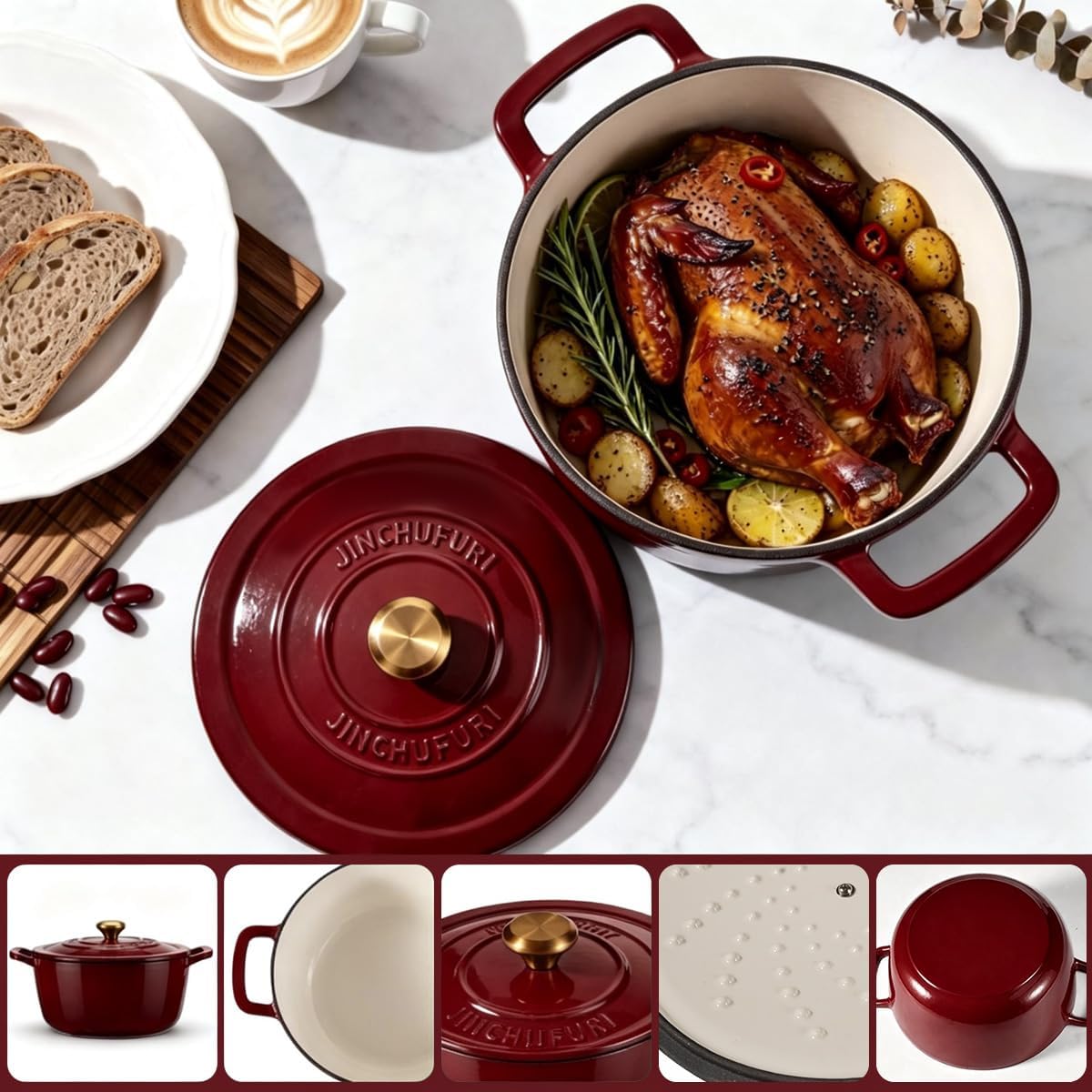 Enameled Cast Iron Dutch Oven 5 Qt with Lid, Red