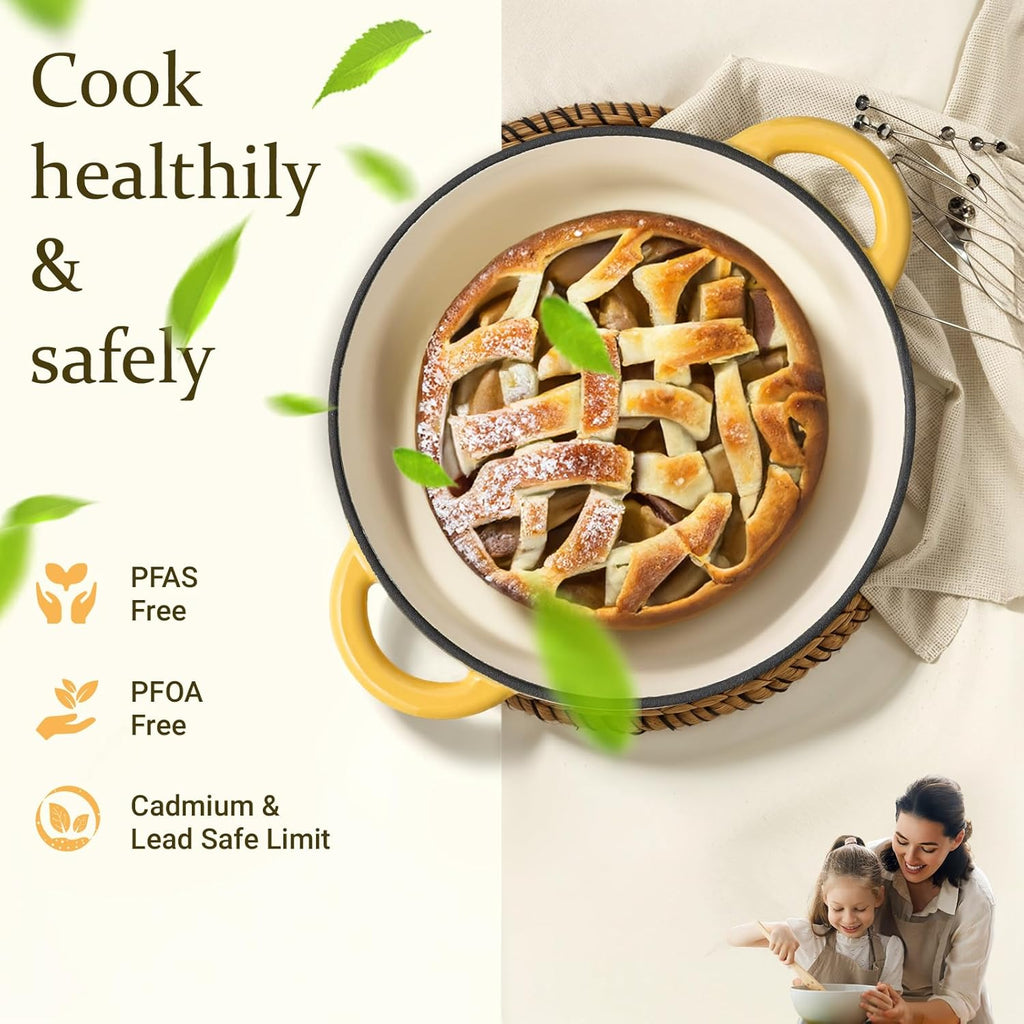 Overmont Enameled Cast Iron Dutch Oven - 7QT Pot with Lid Cookbook & Cotton Potholders - Heavy-Duty Cookware for Braising, Stews, Roasting, Bread Baking GooseYellow