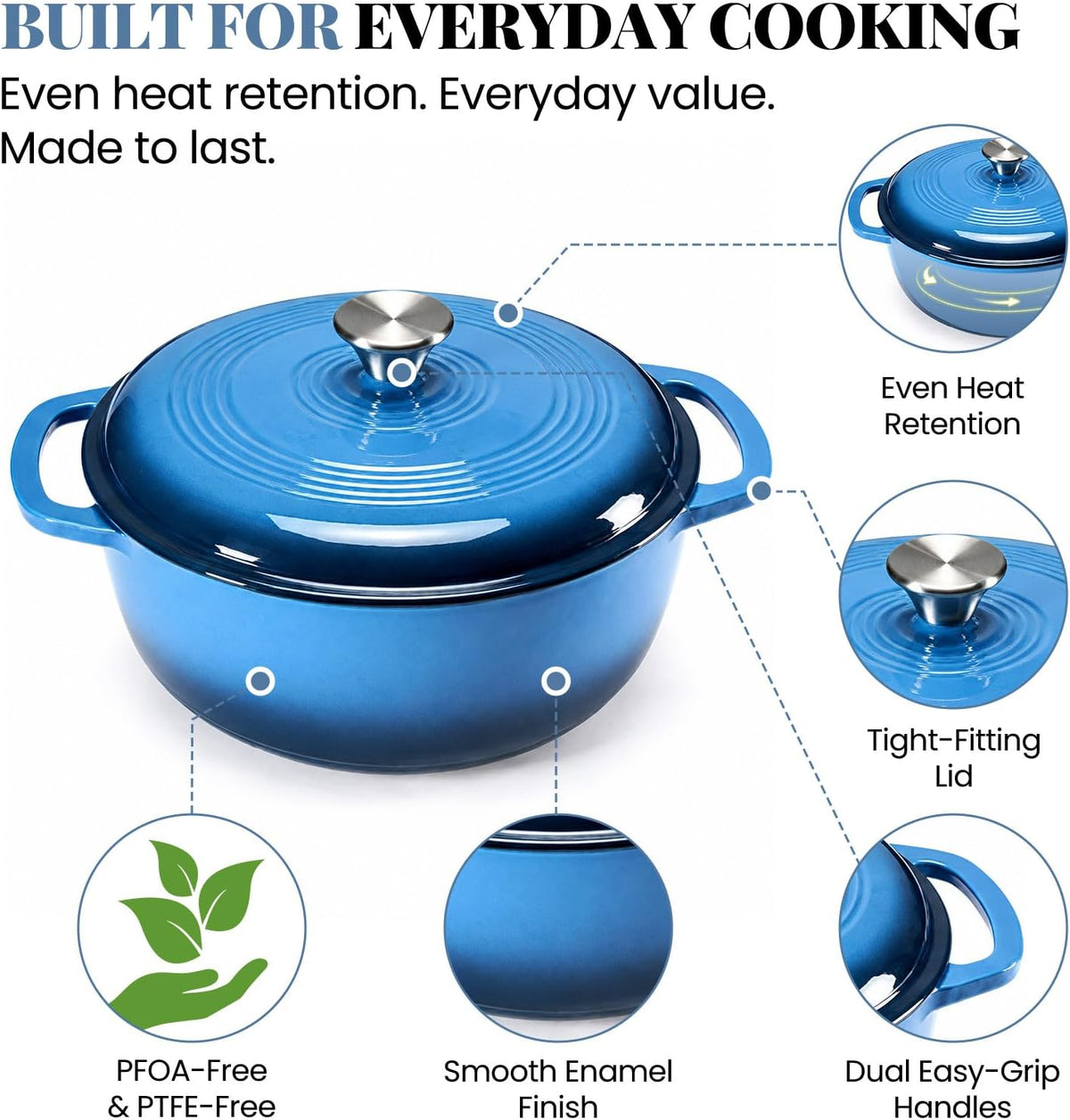 DUMOS Enamel Cast Iron Dutch Oven, 6 Quart Pot with Lid, Gradient Blue