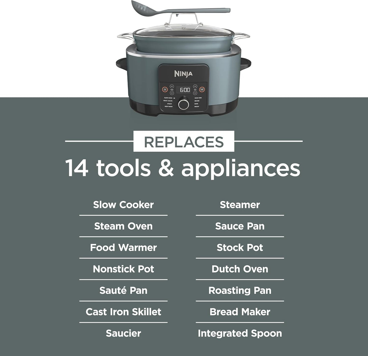 Ninja MC1001C Foodi PossibleCooker PRO 8.5 Quart Multi-Cooker, with 8-in-1 Slow Cooker,Dutch Oven,Steamer &More,Glass Lid & Integrated Spoon,Nonstick,Oven Safe Pot to 500°F,Sea Salt Gray,Sea Salt Grey