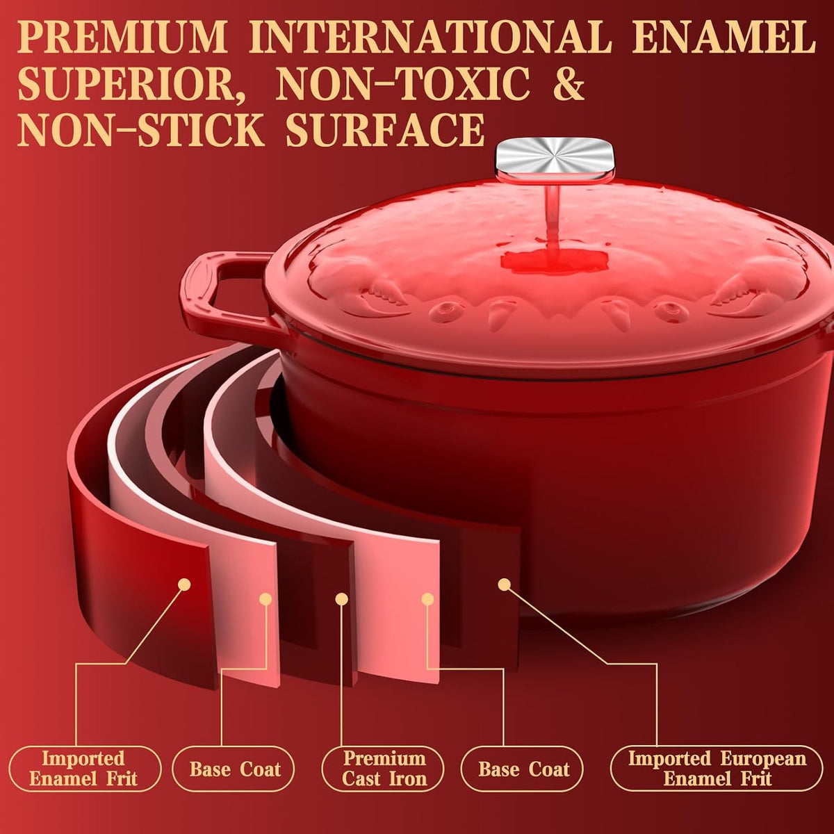 DUTZUN Enameled Cast Iron Dutch Oven - 5 Quart, Crab Lid (Patented), Oversized Knob, for Bread Baking Braiser, Cooking Stock Pot - Red