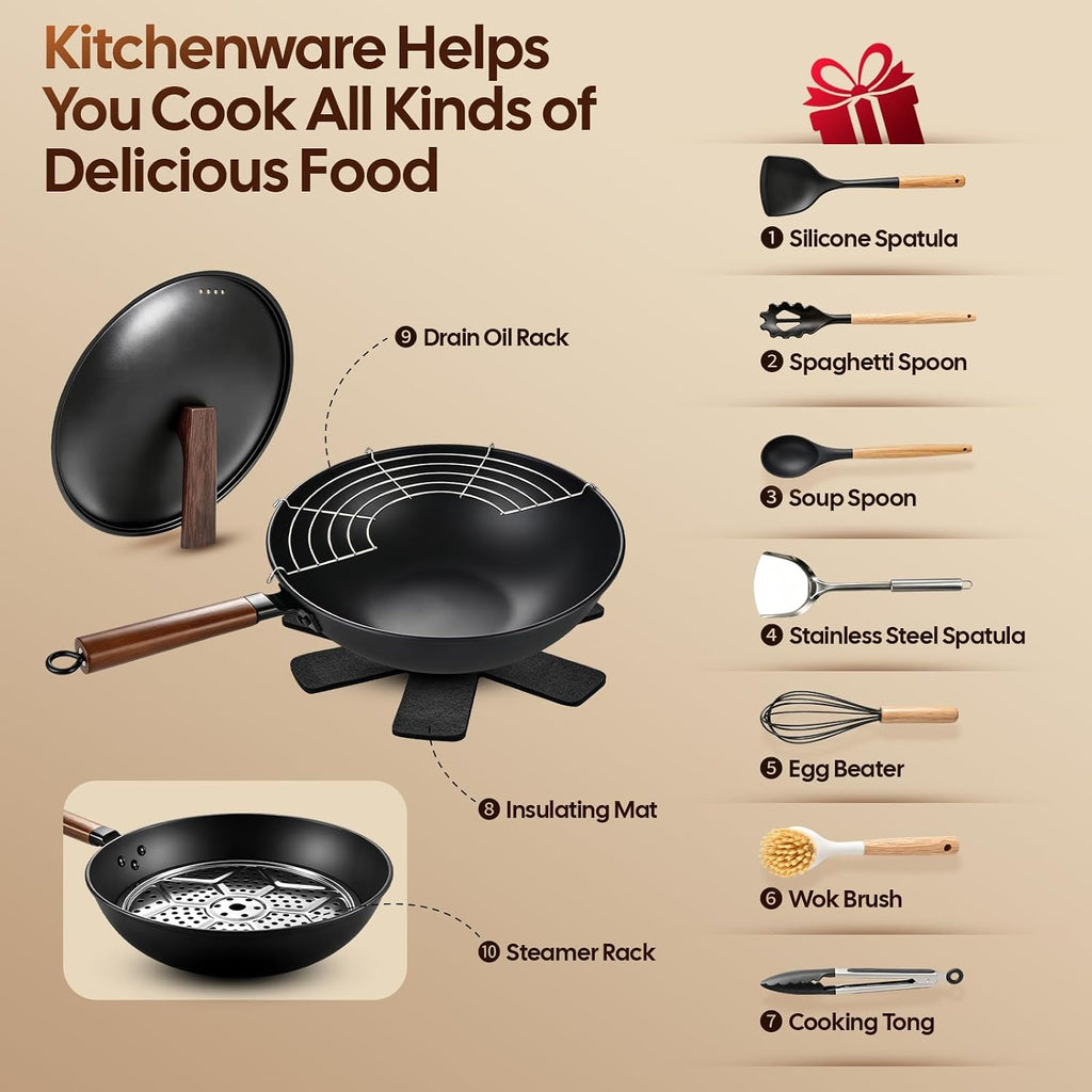 AOSION 13'' Carbon Steel Wok, 12 Piece Wok Pan & Stir-Fry Pans Set with Lid