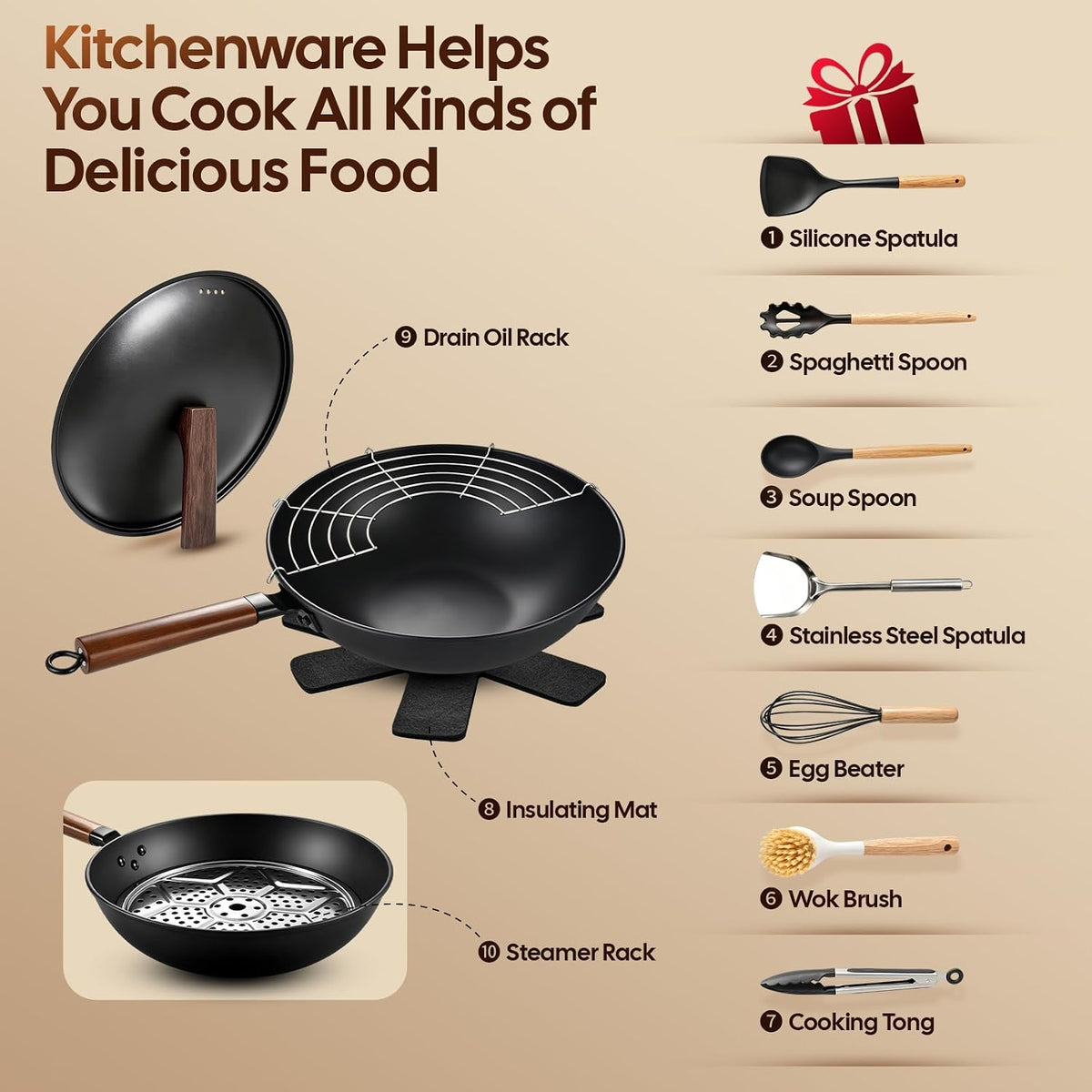 AOSION 13'' Carbon Steel Wok, 12 Piece Wok Pan & Stir-Fry Pans Set with Lid