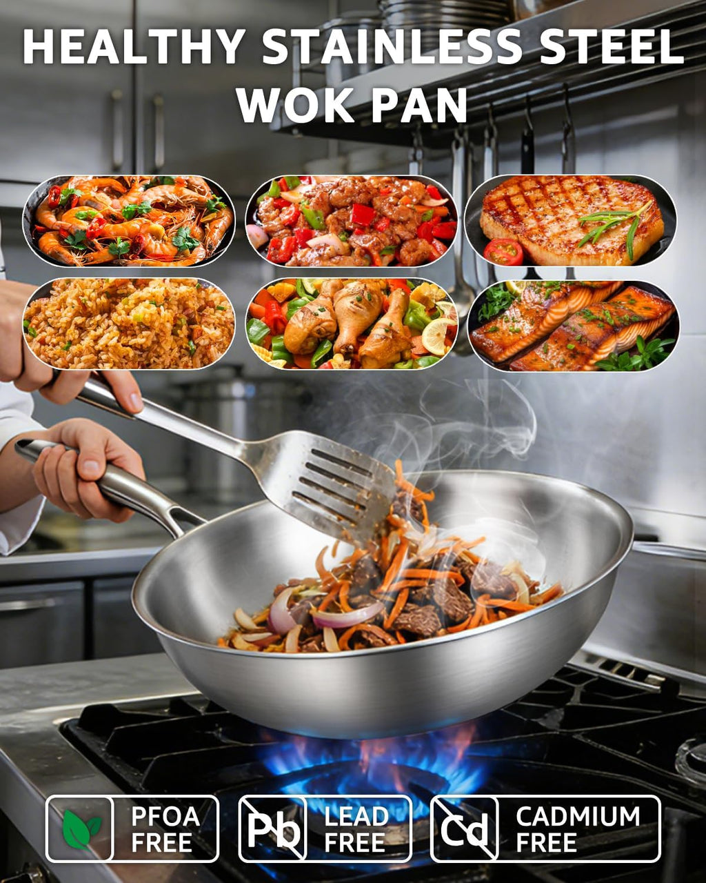 12 Inch Tri-Ply Stainless Steel Wok Pan, Uncoated Wok for Stir Fry