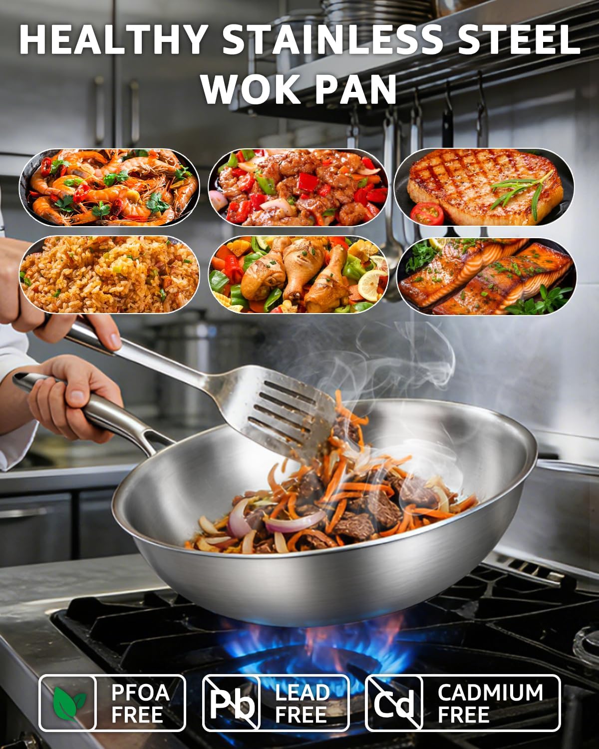 12 Inch Tri-Ply Stainless Steel Wok Pan, Uncoated Wok for Stir Fry