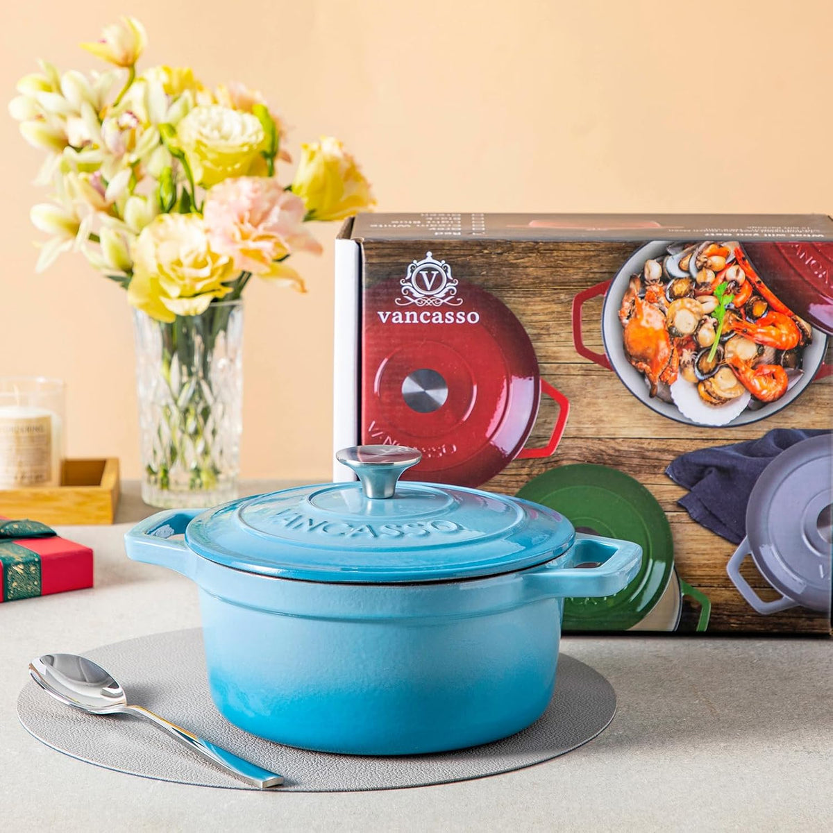 vancasso 2.5 Qt Enameled Cast Iron Dutch Oven with Lid, Blue