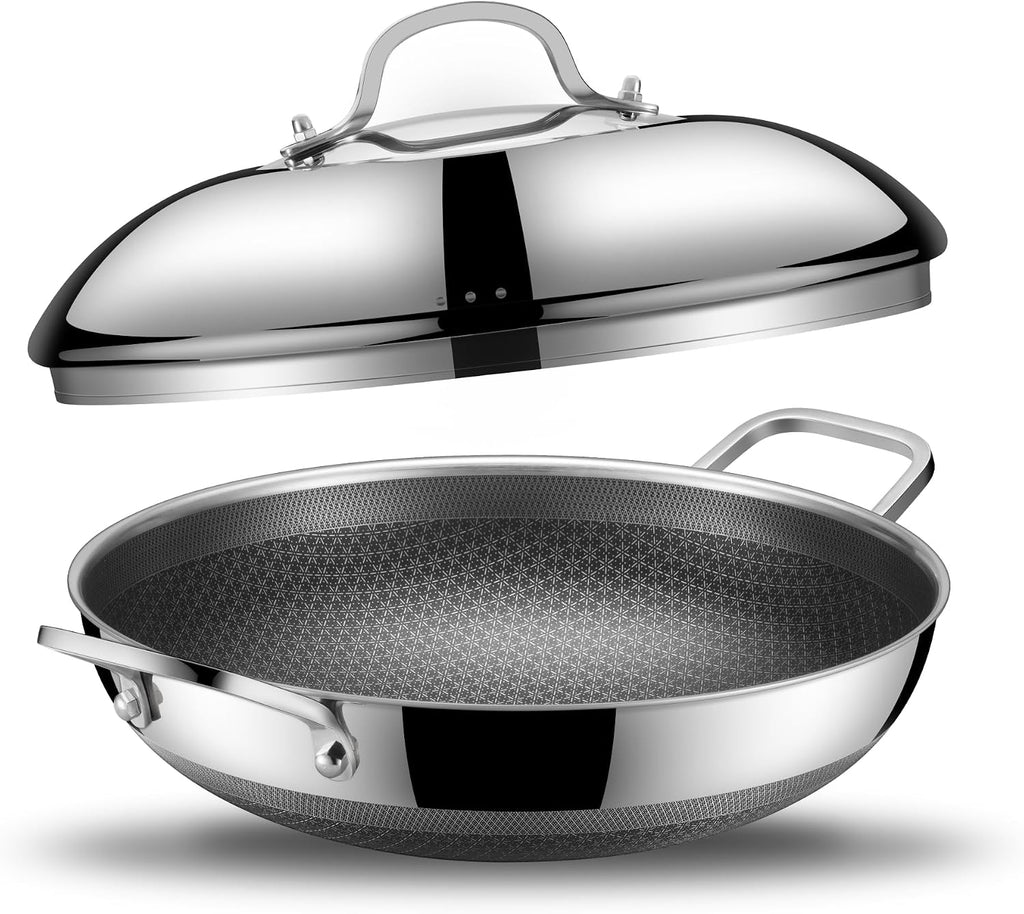 SNOWCLAD Wok, 13 Inch Hybrid Woks & Stir-fry Pans Nonstick with Double Handles, Non Toxic Stainless Steel Wok Pan with Lid, Dishwasher Induction Oven Broiler Safe