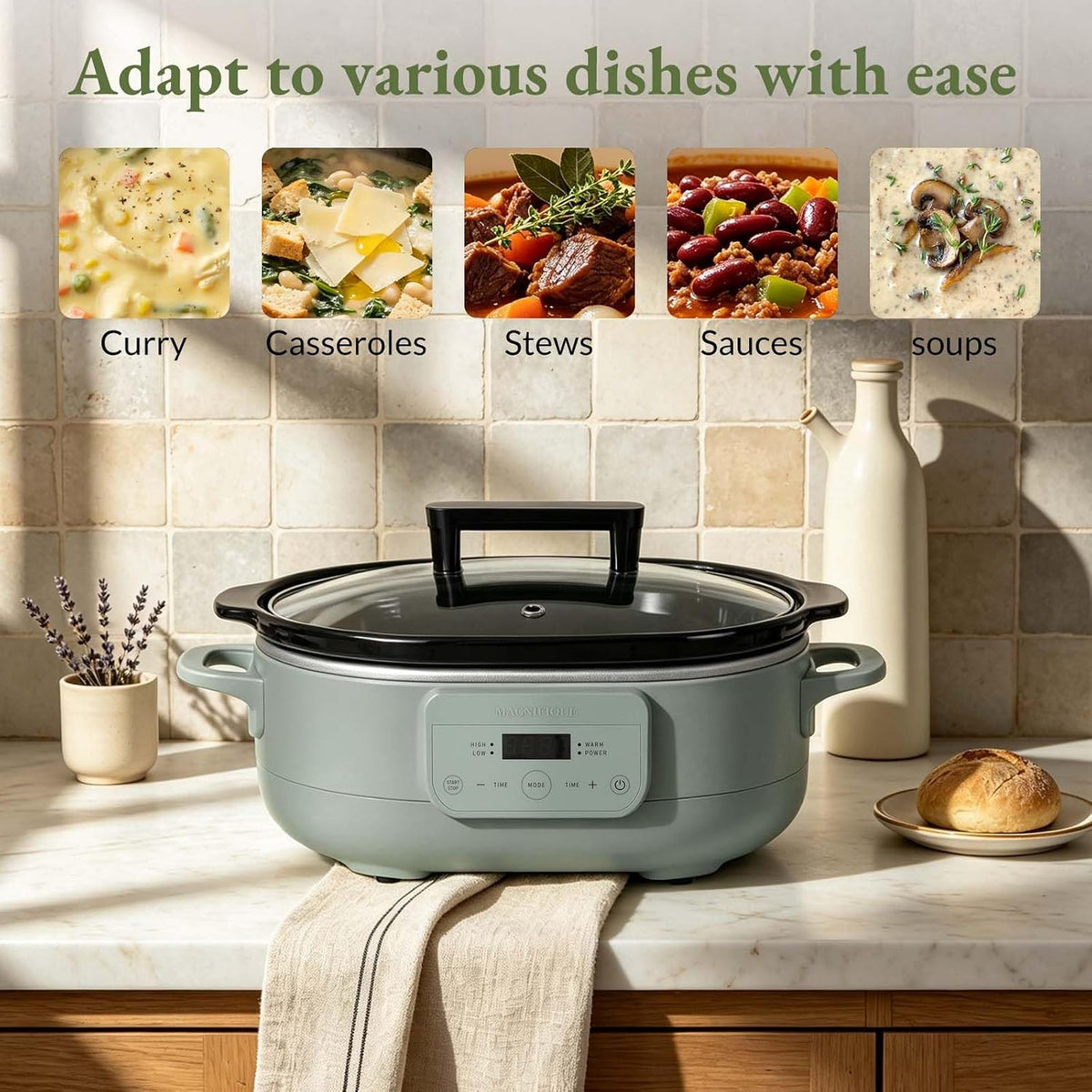 MAGNIFIQUE 6 Quart Programmable Slow Cooker Removable Healthy Nonstick Pot - Small Kitchen Appliance for Family Dinners - Serves 6+ People - Heat Settings: Keep Warm Olive
