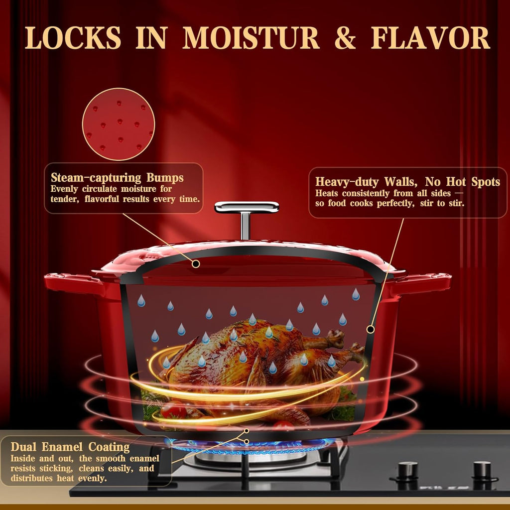 DUTZUN Enameled Cast Iron Dutch Oven - 5 Quart, Crab Lid (Patented), Oversized Knob, for Bread Baking Braiser, Cooking Stock Pot - Red
