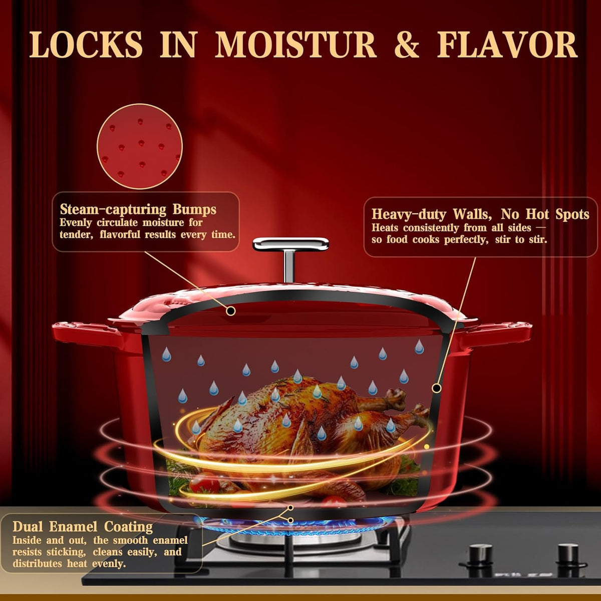 DUTZUN Enameled Cast Iron Dutch Oven - 5 Quart, Crab Lid (Patented), Oversized Knob, for Bread Baking Braiser, Cooking Stock Pot - Red