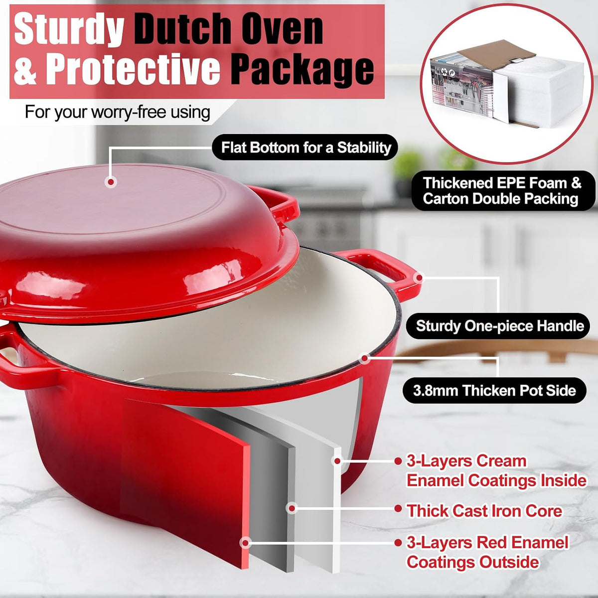 P&P CHEF 2 In 1 Red Dutch Oven Pot with Lid for Bread Baking, 5Qt