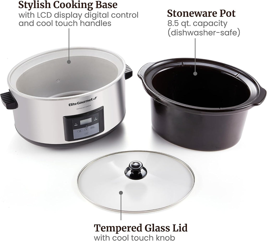Elite Gourmet MST-900D Digital Slow Cooker, 8.5 Qt, Stainless Steel