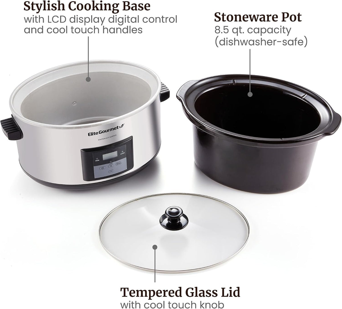 Elite Gourmet MST-900D Digital Slow Cooker, 8.5 Qt, Stainless Steel