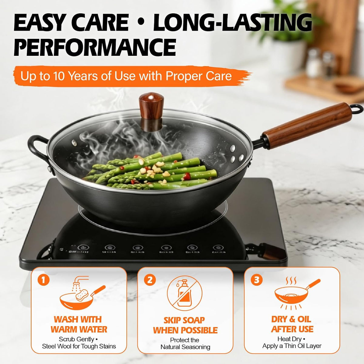 13" Carbon Steel Wok Pan & Glass Lid,Pre-Seasoned Flat Bottom Nitrided Wok