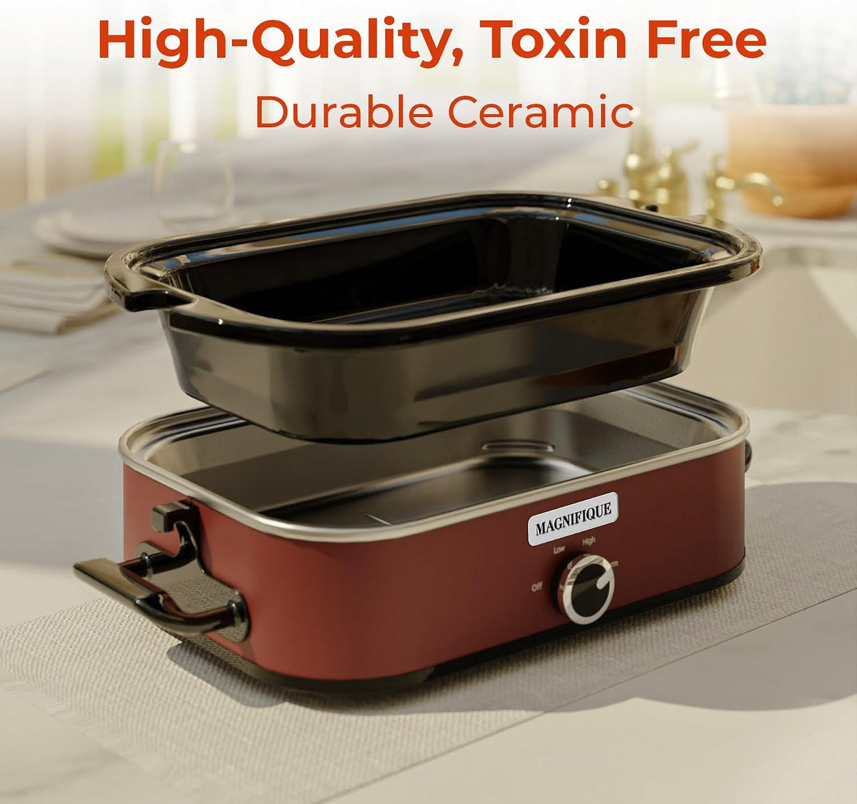 [NEW] MAGNIFIQUE 4-Quart Slow Cooker with Casserole Manual Warm Setting - Perfect Kitchen Small Appliance for Family Dinners, Dishwasher Safe Crock, Red