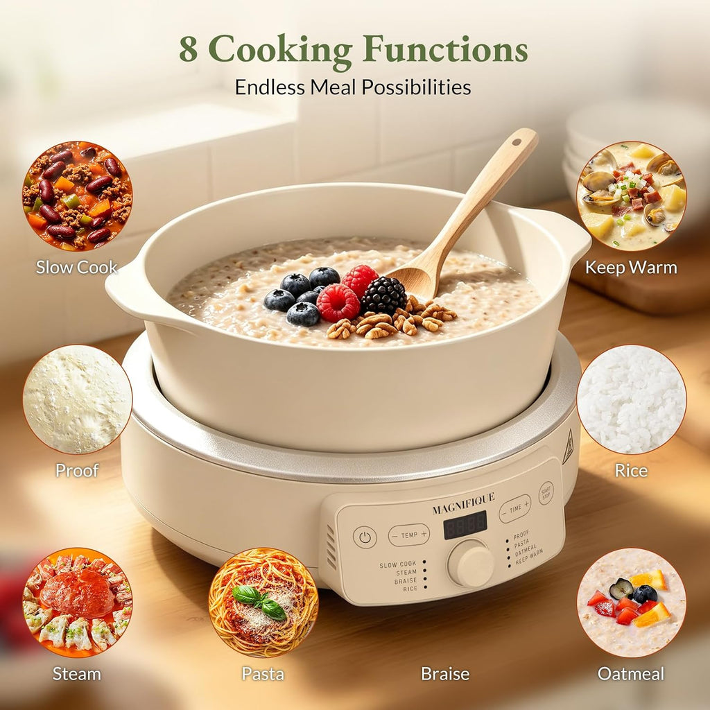 MAGNIFIQUE Slow Cooker, 4.5 Quart 8-in-1 Clay Pot Multi-Cooker, Non-Toxic Slow Cooker for Rice, Pasta, Steam & Proof, Nonstick, Oven Safe Pot to 500°F, Oatmeal