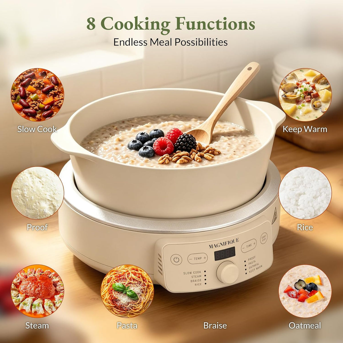 MAGNIFIQUE Slow Cooker, 4.5 Quart 8-in-1 Clay Pot Multi-Cooker, Non-Toxic Slow Cooker for Rice, Pasta, Steam & Proof, Nonstick, Oven Safe Pot to 500°F, Oatmeal