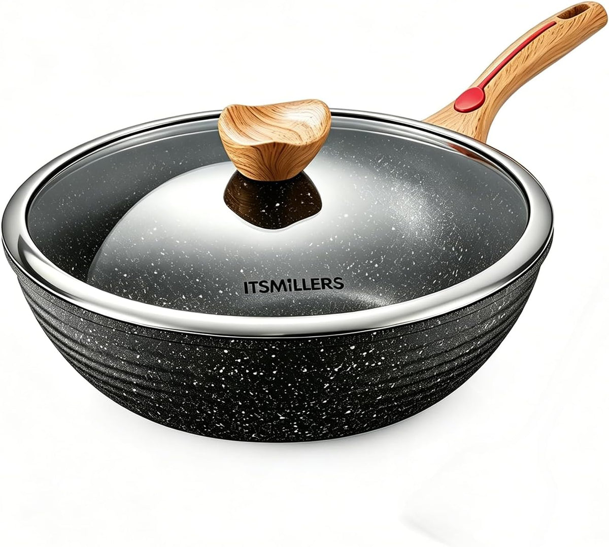 ITSMILLERS Nonstick Wok Aluminium Die-casting Chinese Wok, Scratch Resistant With Lid, PFOA-Free, Dishwasher Safe & Induction Bottom,11.8 Inch,5QT,Large Capacity
