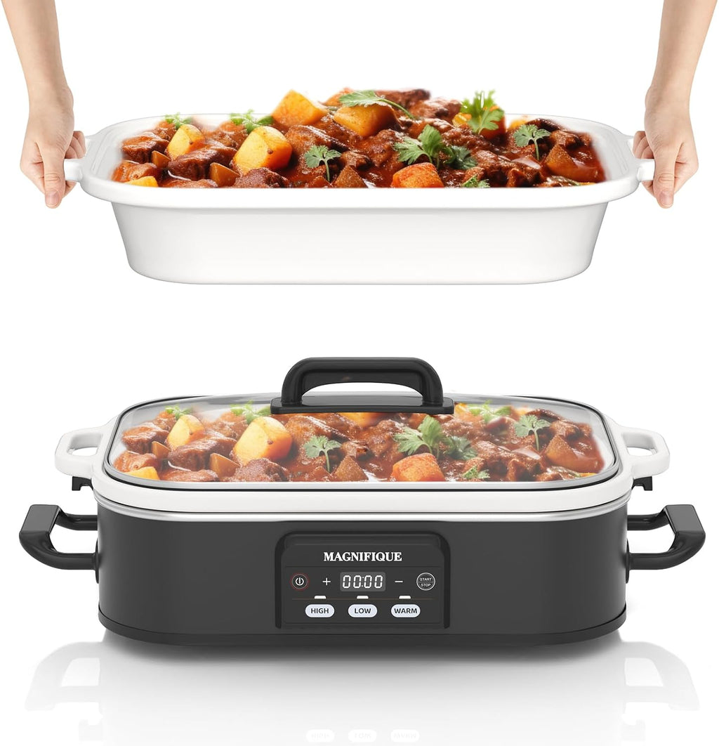 4 Quart Casserole Programmable Slow Cooker with Ceramic Baking Dish - Perfect Kitchen Small Appliance for Family Dinners, Oven Safe and Durable Bakeware for Lasagna, Roasts, Black