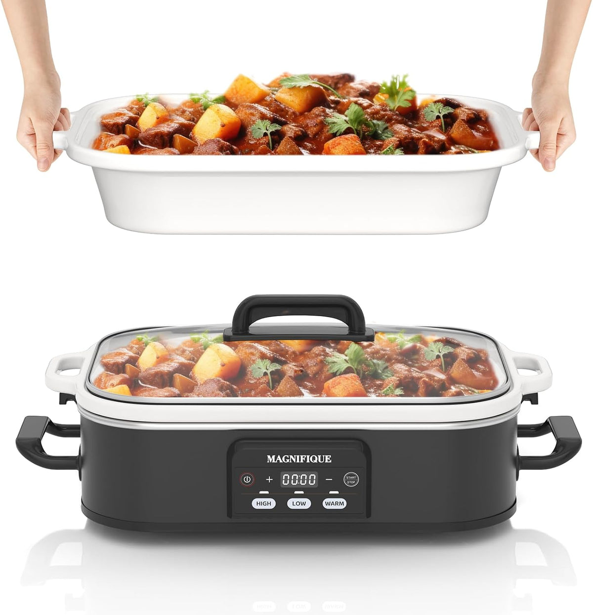 4 Quart Casserole Programmable Slow Cooker with Ceramic Baking Dish - Perfect Kitchen Small Appliance for Family Dinners, Oven Safe and Durable Bakeware for Lasagna, Roasts, Black