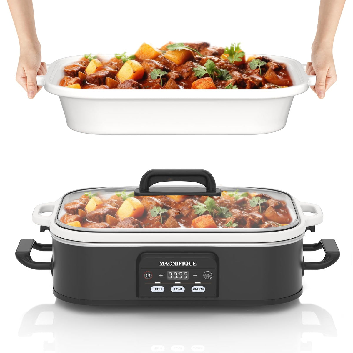 4 Quart Casserole Programmable Slow Cooker with Ceramic Baking Dish - Perfect Kitchen Small Appliance for Family Dinners, Oven Safe and Durable Bakeware for Lasagna, Roasts, Black