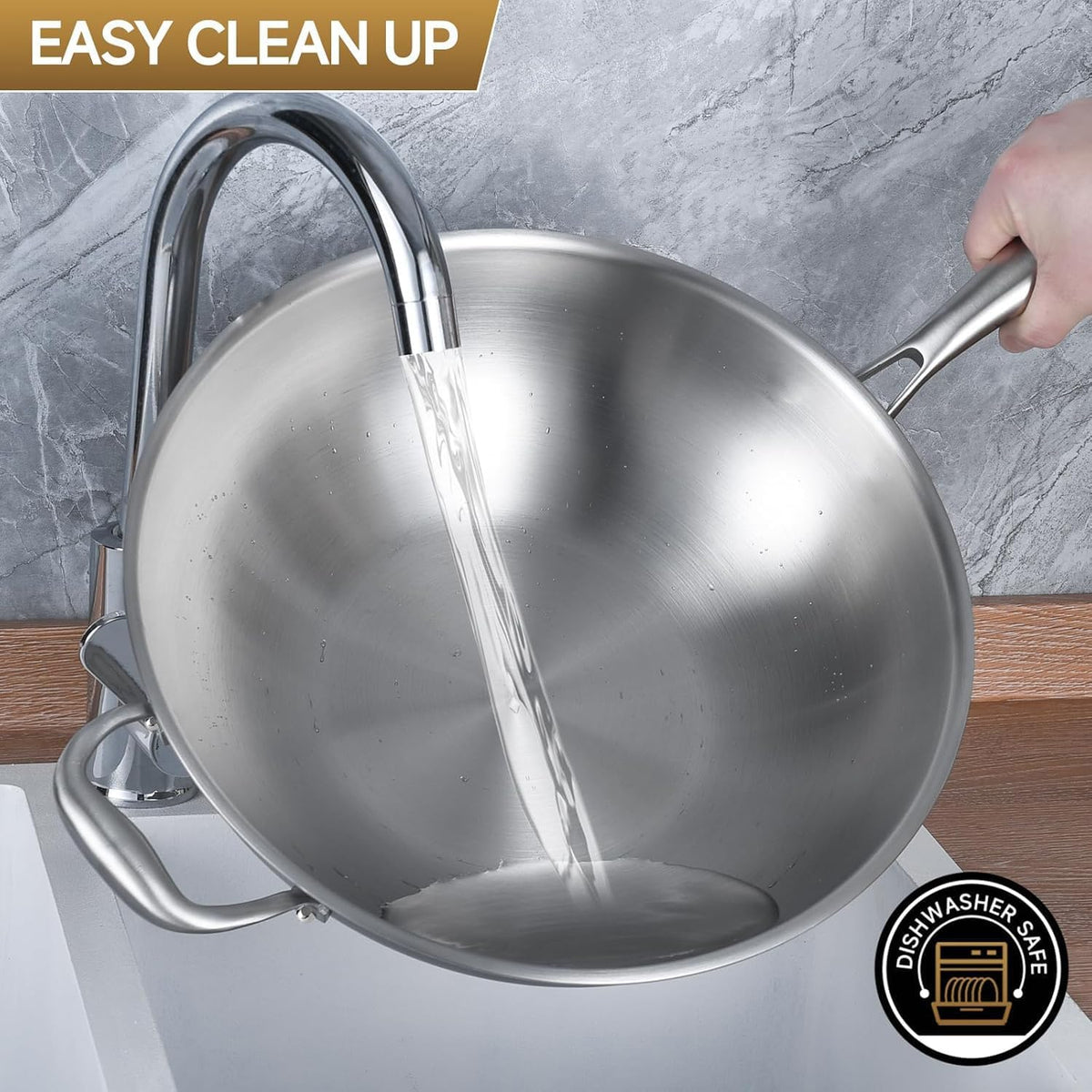 LOLYKITCH 13-Inch Stainless Steel Wok with Glass Lid | Detachable Handle