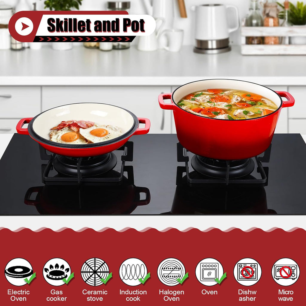 P&P CHEF 2 In 1 Red Dutch Oven Pot with Lid for Bread Baking, 5Qt