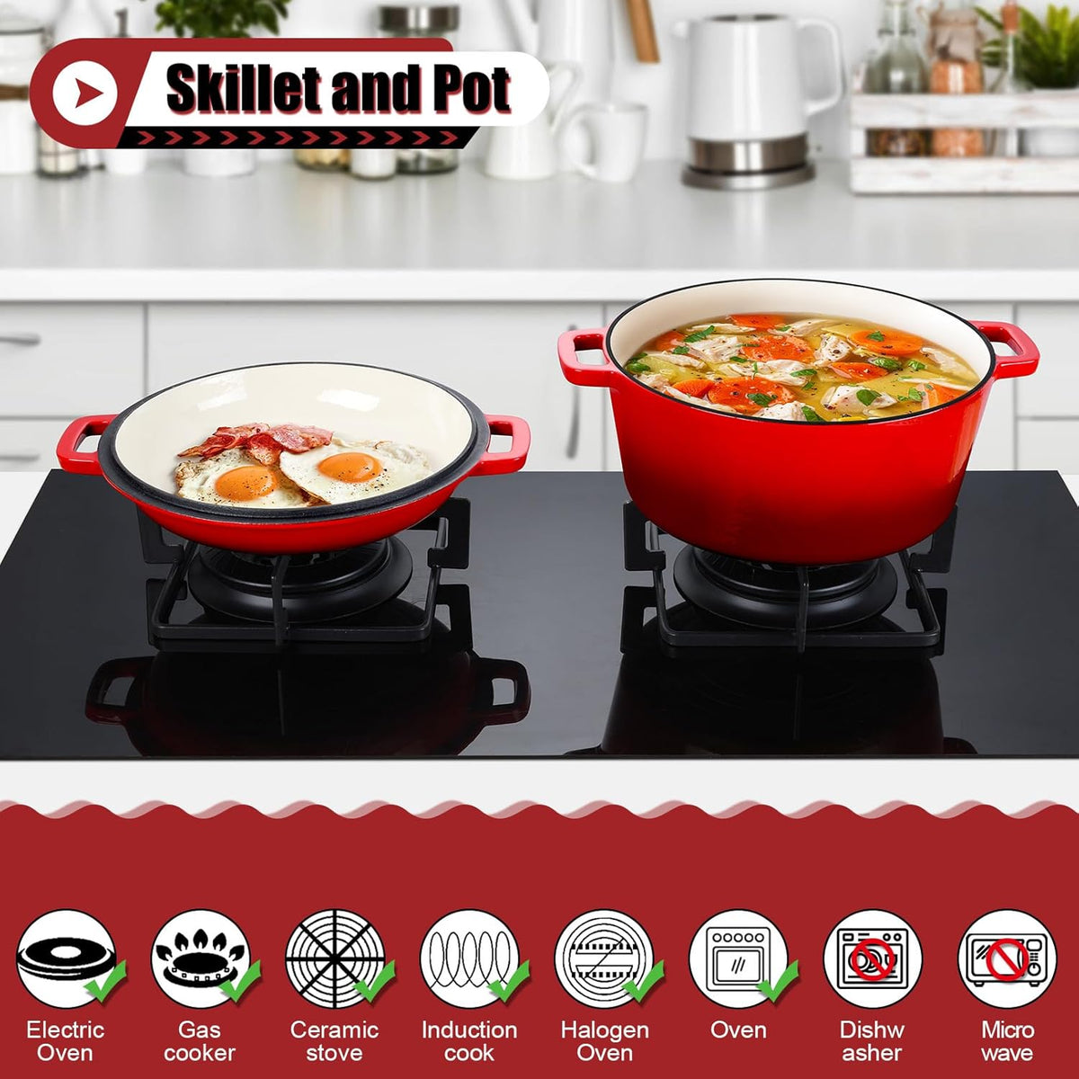 P&P CHEF 2 In 1 Red Dutch Oven Pot with Lid for Bread Baking, 5Qt