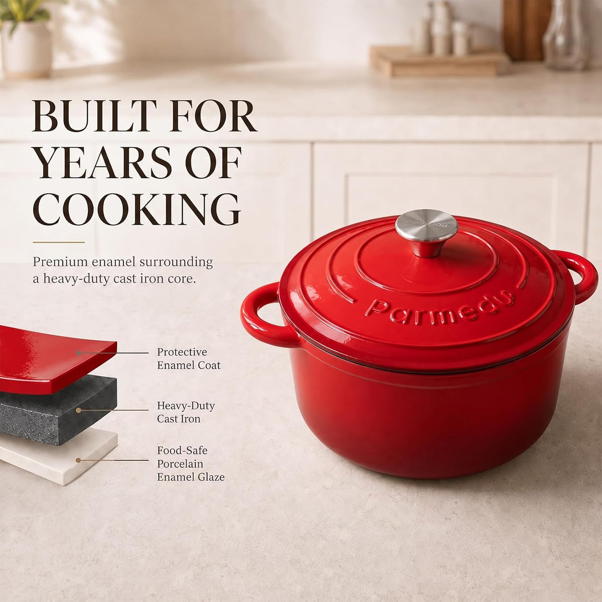Parmedu 5.5QT Enameled Cast Iron Dutch Oven for Sourdough Bread Red