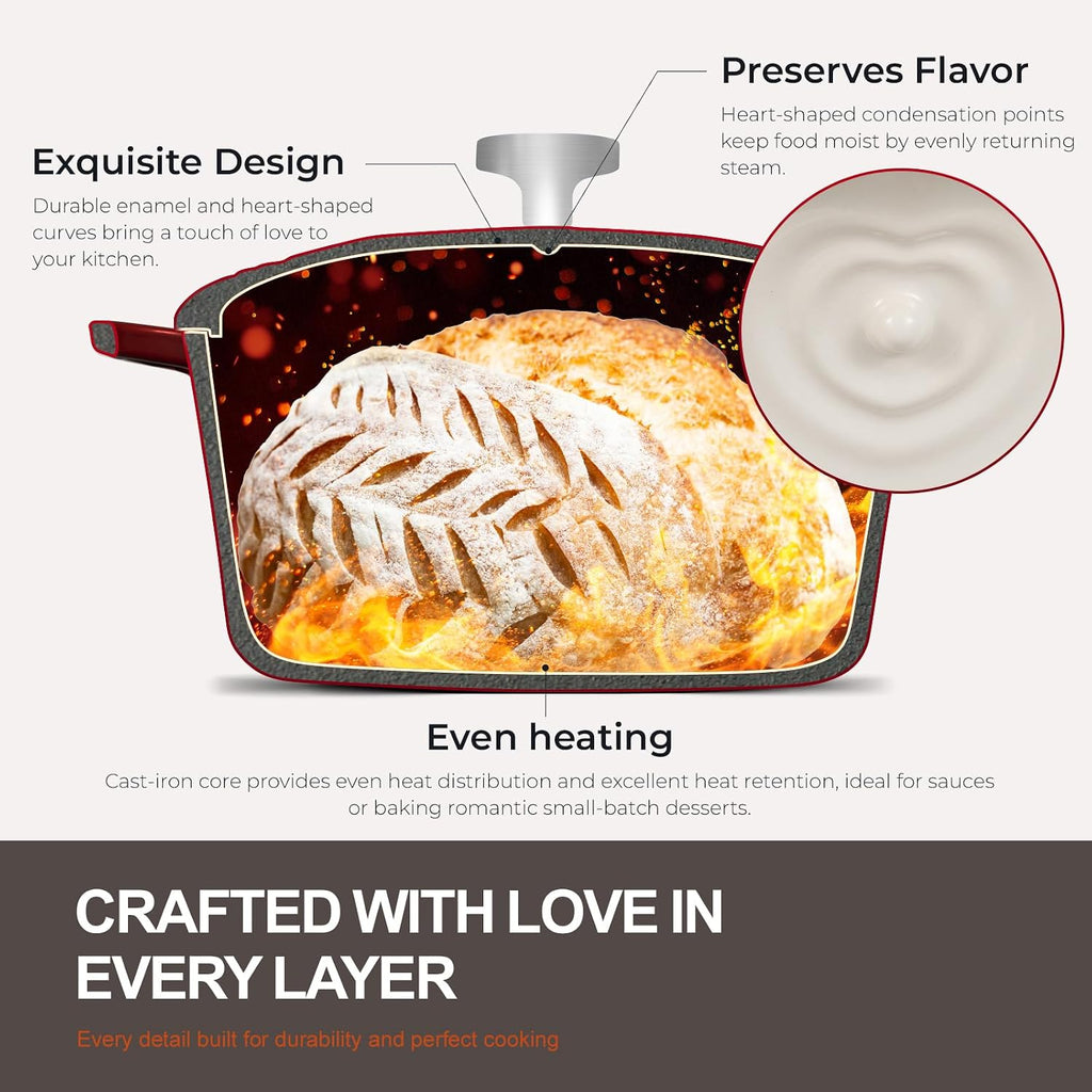 Overmont Enameled Cast Iron Dutch Oven - 2QT Heart-Shaped Mini Pot with Lid